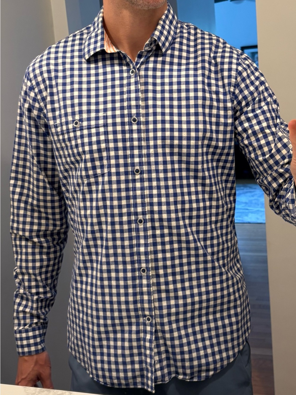 Express Men's Blue and White Gingham Button-Down Shirt